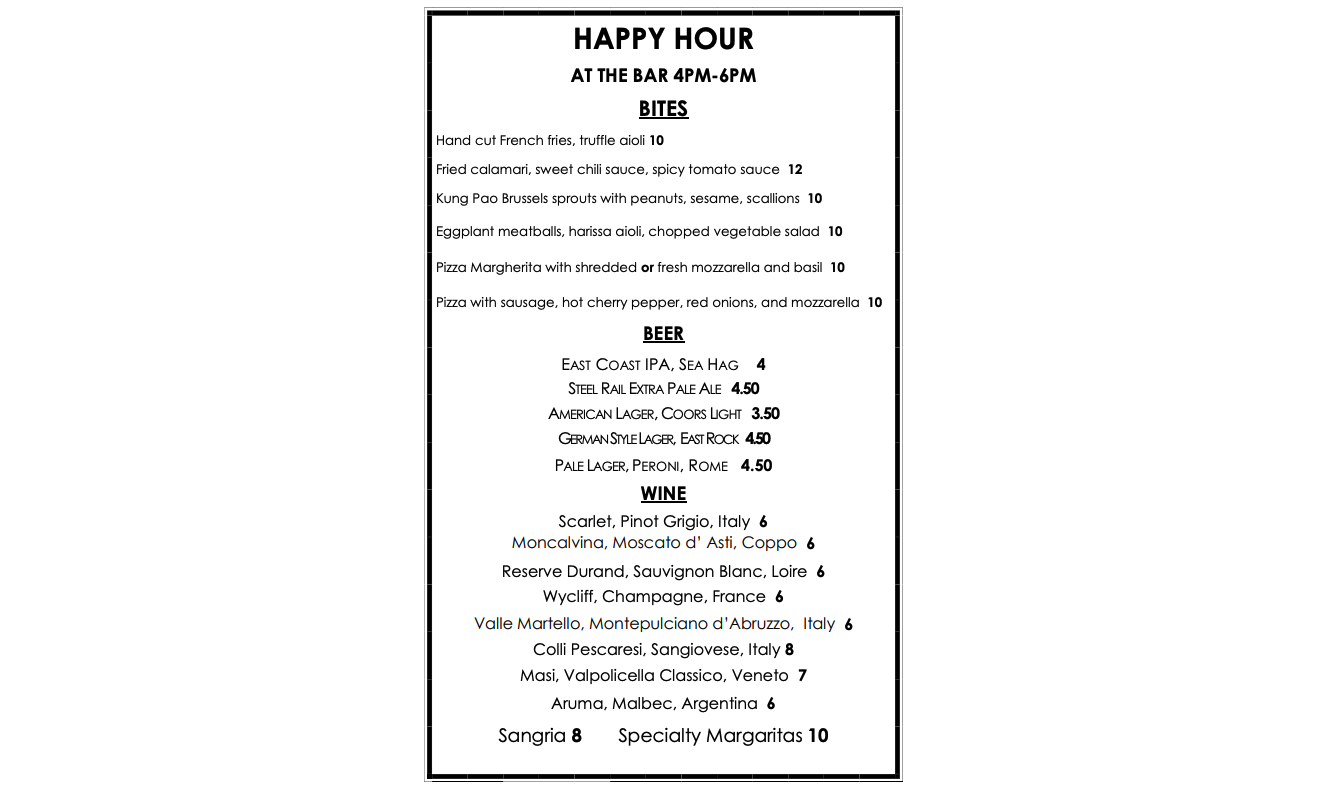 Terra Danbury Restaurant Menu